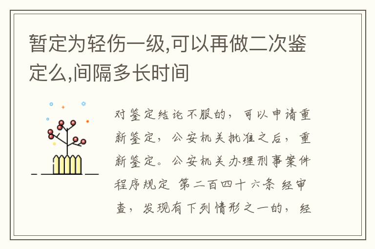 暂定为轻伤一级,可以再做二次鉴定么,间隔多长时间