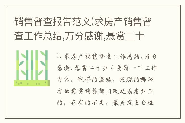 销售督查报告范文(求房产销售督查工作总结,万分感谢,悬赏二十分)
