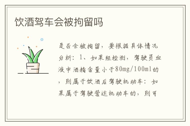 饮酒驾车会被拘留吗