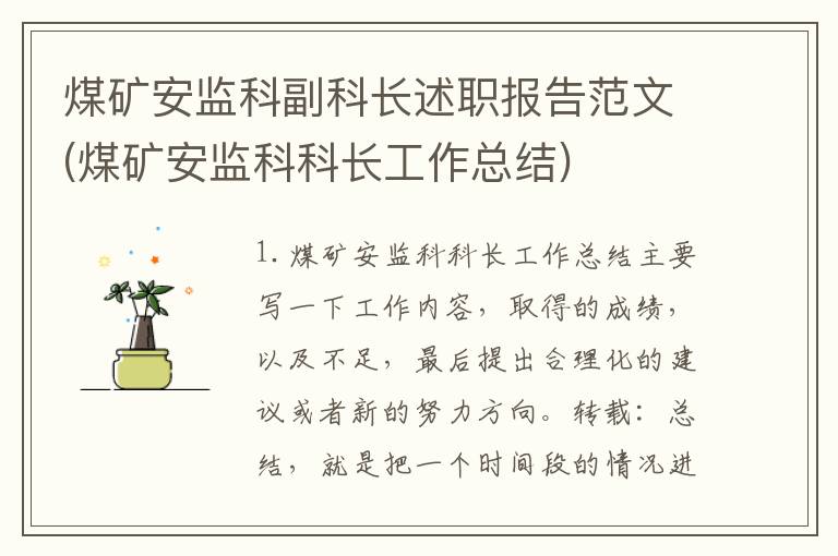 煤矿安监科副科长述职报告范文(煤矿安监科科长工作总结)