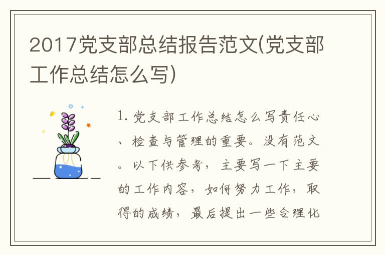 2017党支部总结报告范文(党支部工作总结怎么写)