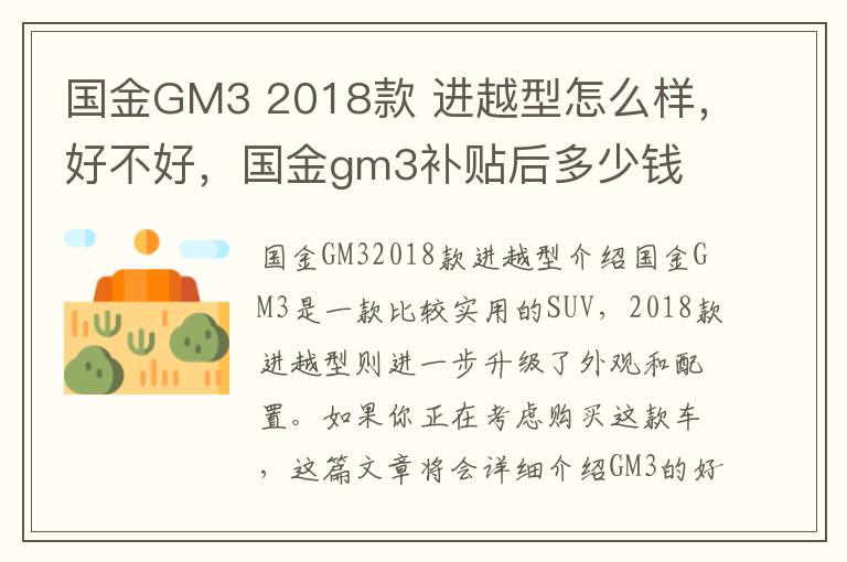国金GM3 2018款 进越型怎么样，好不好，国金gm3补贴后多少钱