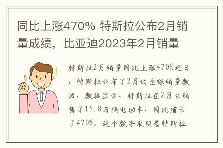 同比上涨470% 特斯拉公布2月销量成绩，比亚迪2023年2月销量