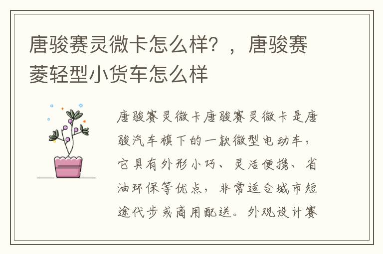 唐骏赛灵微卡怎么样？，唐骏赛菱轻型小货车怎么样