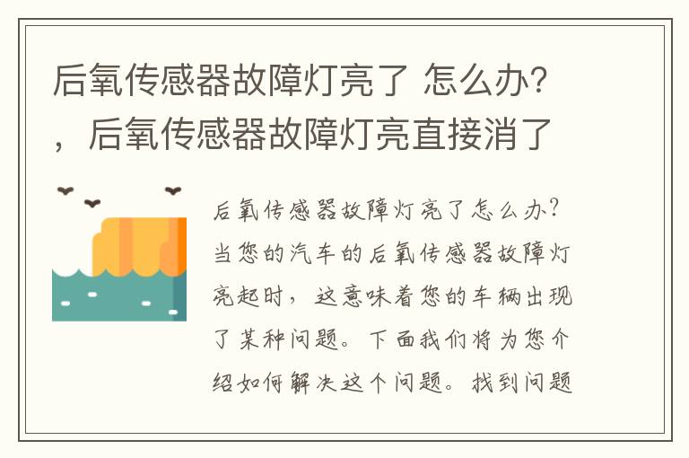 后氧传感器故障灯亮了 怎么办？，后氧传感器故障灯亮直接消了可以吗