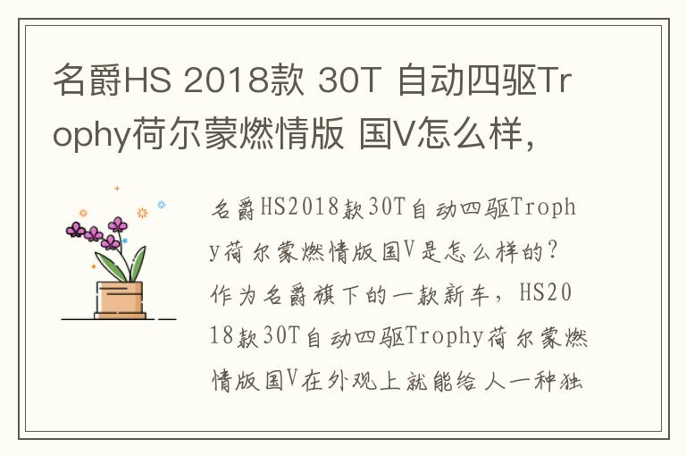 名爵HS 2018款 30T 自动四驱Trophy荷尔蒙燃情版 国V怎么样，好不好，燃情仕途赵德三全集免费阅读全文