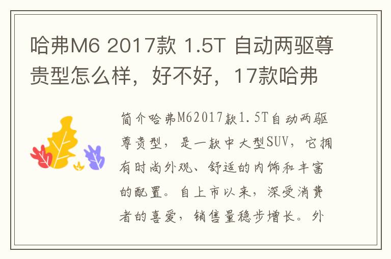 哈弗M6 2017款 1.5T 自动两驱尊贵型怎么样，好不好，17款哈弗m6参数配置